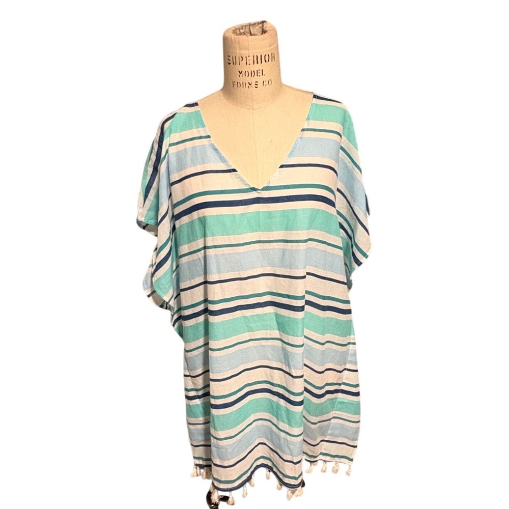 Blue Striped Tassel Trim V-Neck Swim Cover Up Kaftan Dress Women Size‎ M Beach